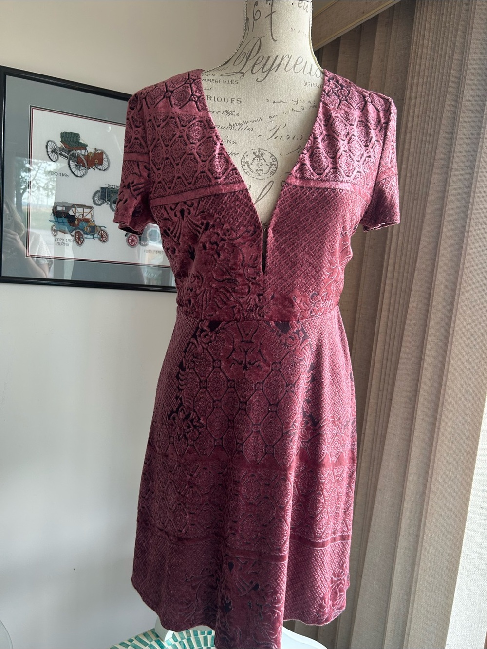 Wayf Burgundy Short-Sleeve V-Neck Mini Dress